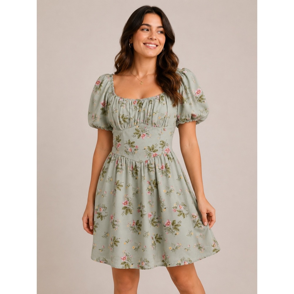 Trixxi Sage Green Floral Milkmaid Mini Dress Puff Sleeve Smocked Back Medium